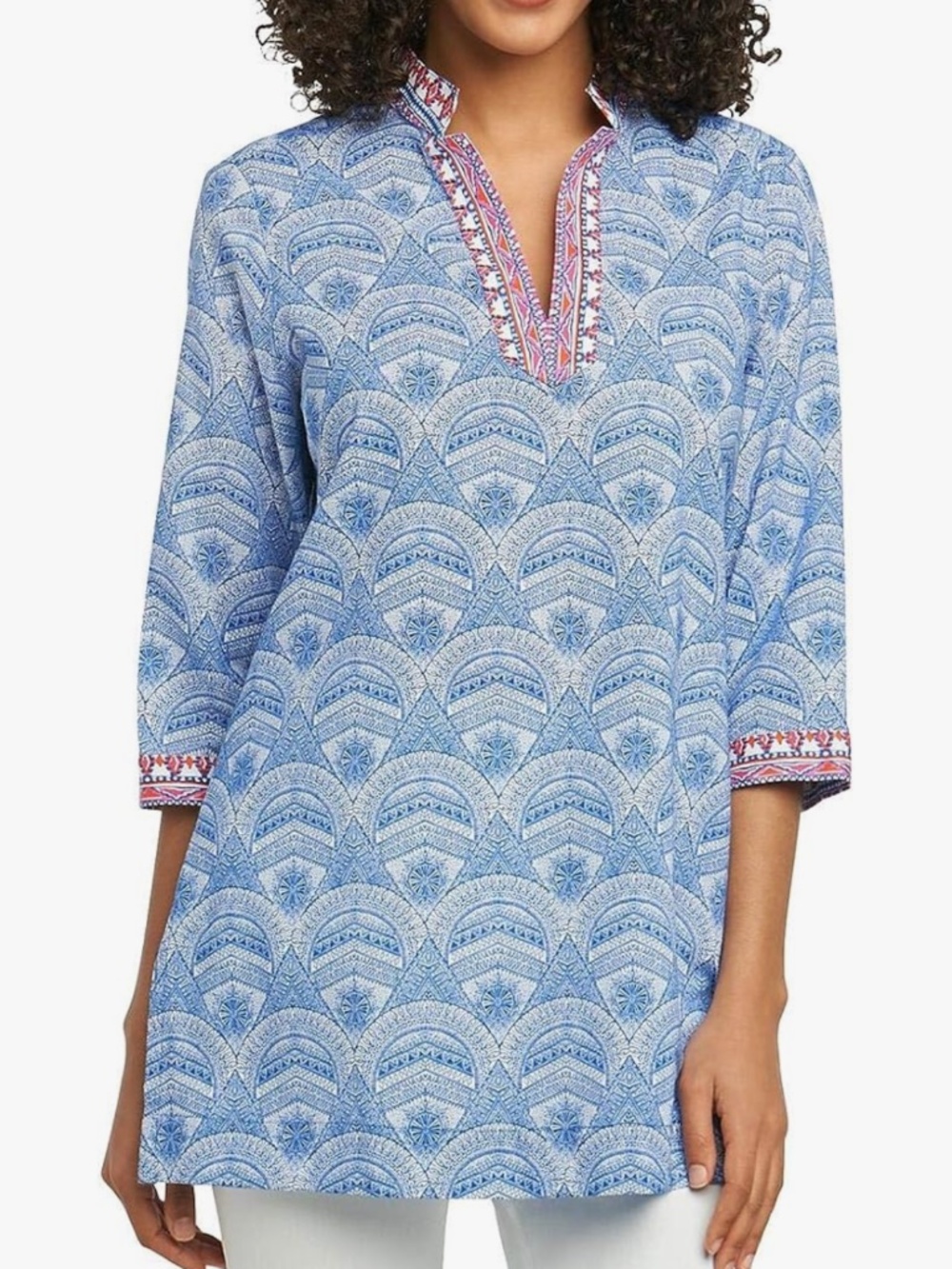 Foxcroft Angelica Medallion Combo Tunic Top Lapis Blue 24W Coastal Beach Summer